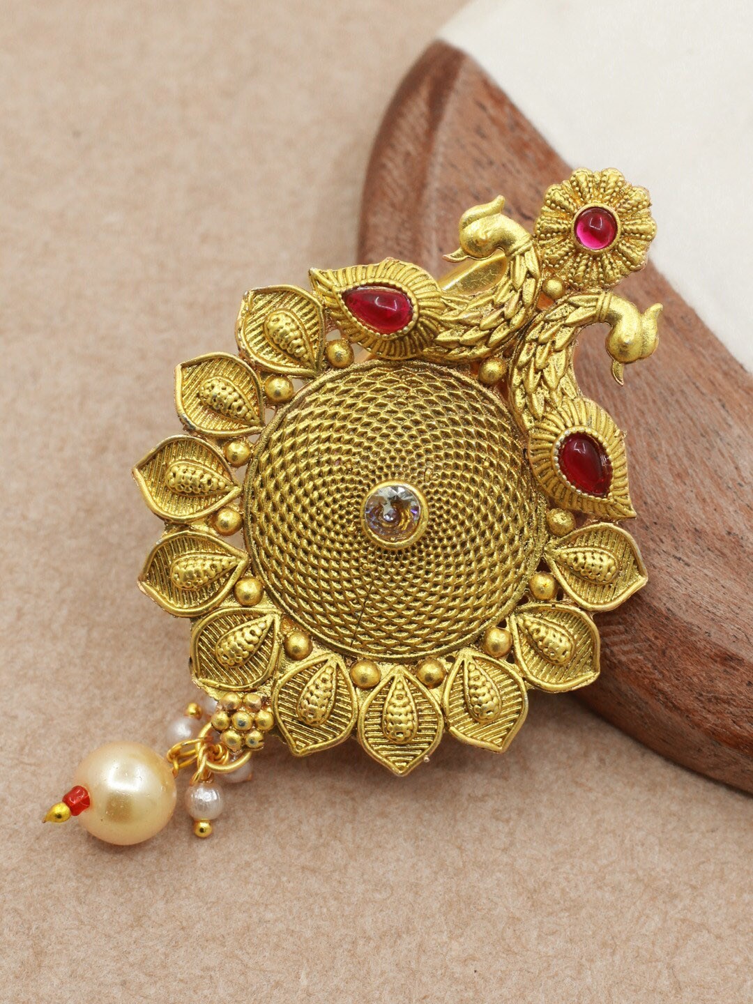 

SAIYONI Gold-Plated Stone-Studded & Beaded Peacock Shape Antique Saree Brooch