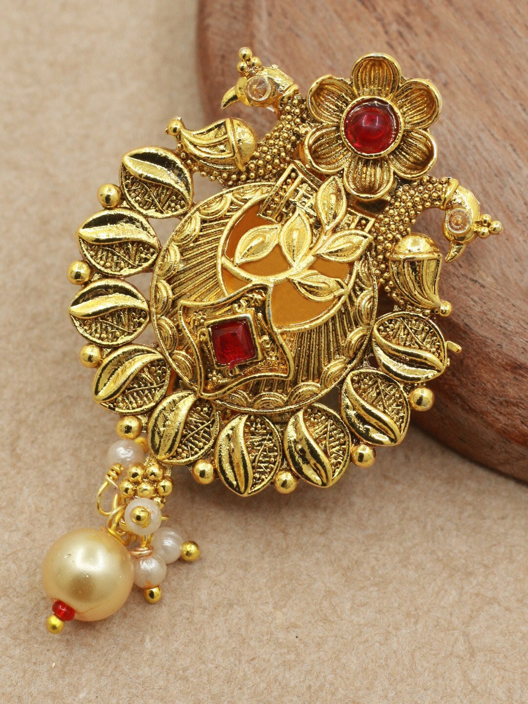 

SAIYONI Gold-Plated Stone Studded & Beaded Peacock Shape Antique Brooch