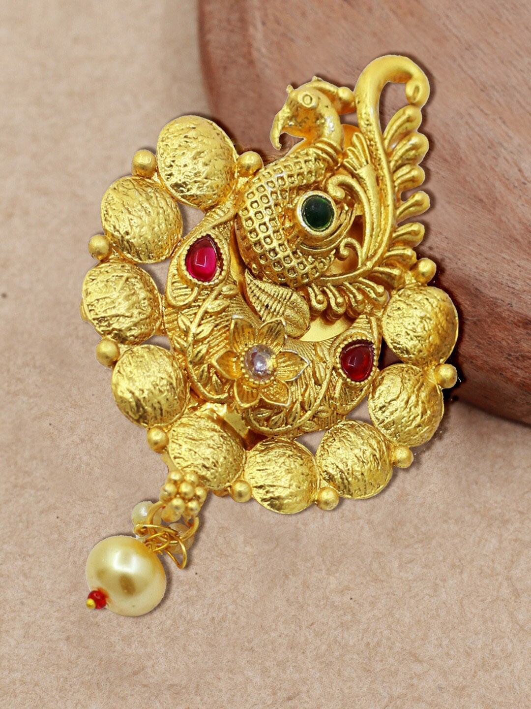 

SAIYONI Gold-Plated Stone Studded & Beaded Peacock Shape Antique Brooch