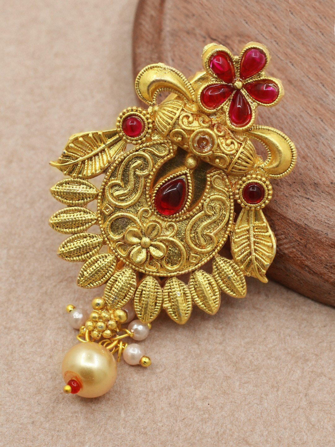 

SAIYONI Gold-Plated Stone Studded & Beaded Antique Brooch