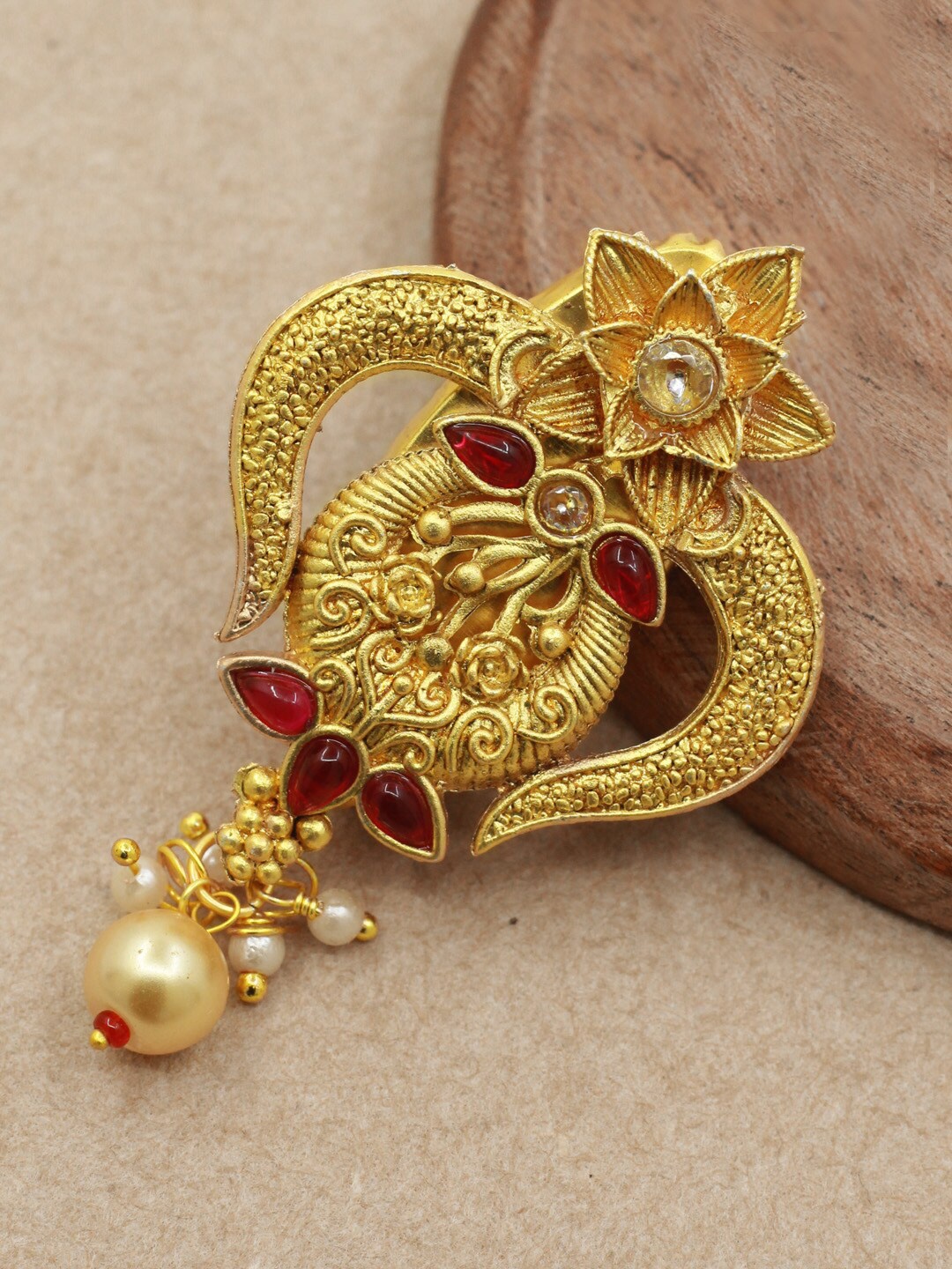 

SAIYONI Gold-Plated Stone-Studded & Beaded Antique Brooch Saree Pin