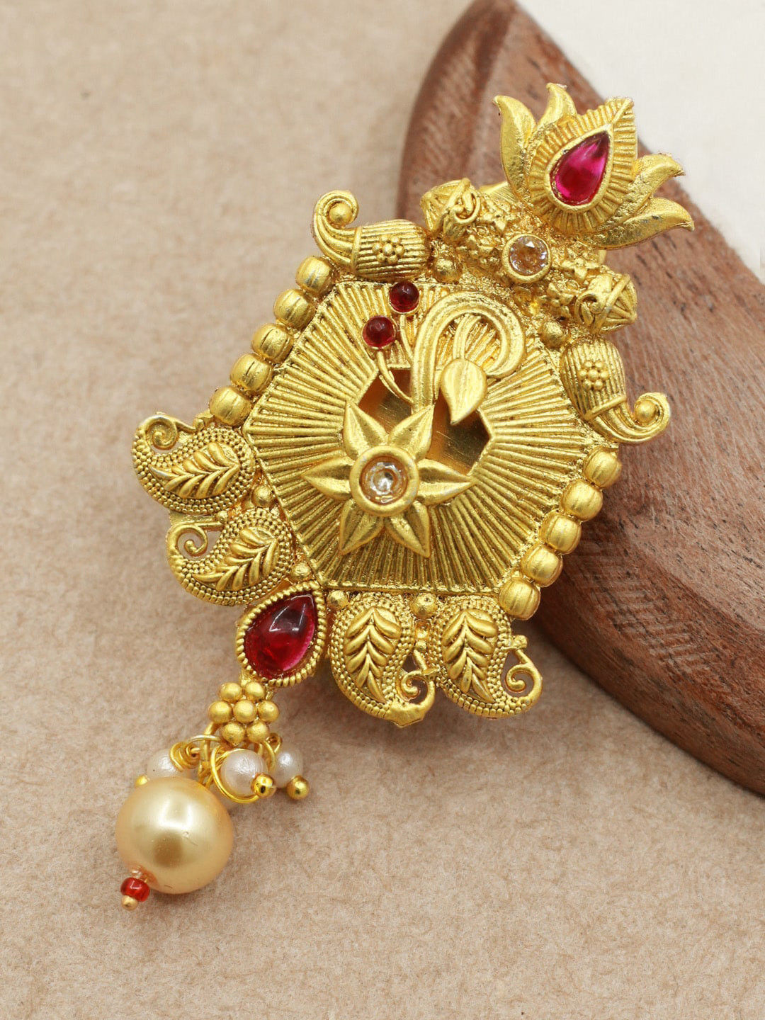 

SAIYONI Gold-Plated Stone-Studded & Beaded Antique Saree Brooch