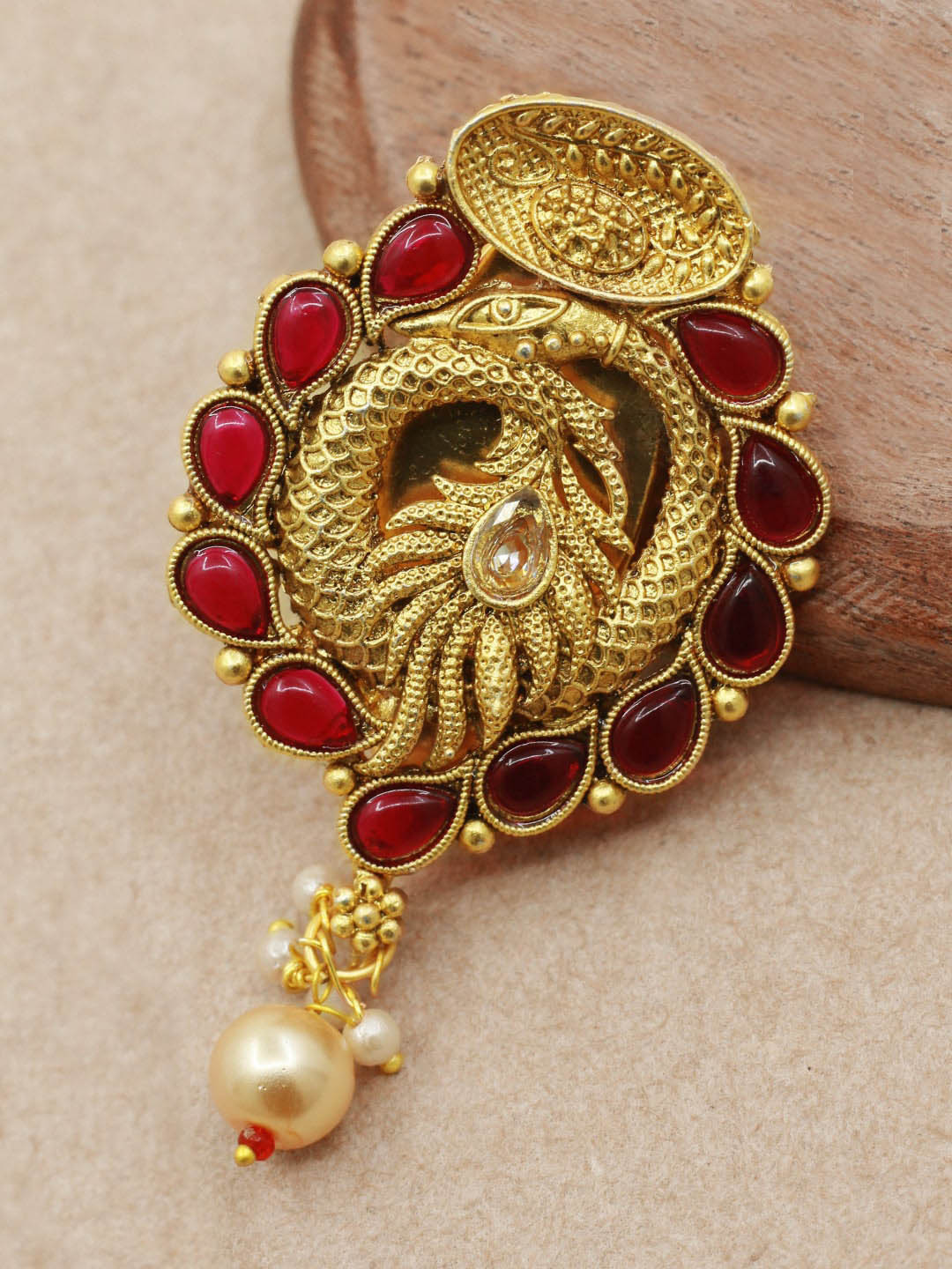 

SAIYONI Gold-Plated Stone-Studded & Beaded Peacock Antique Brooch Saree Pin