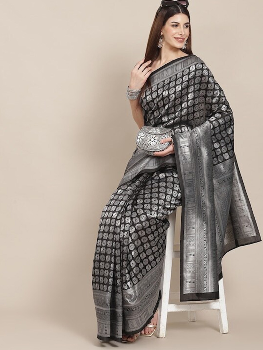 

AA-HA!! Ethnic Motifs Woven Design Zari Art Silk Banarasi Saree, Black