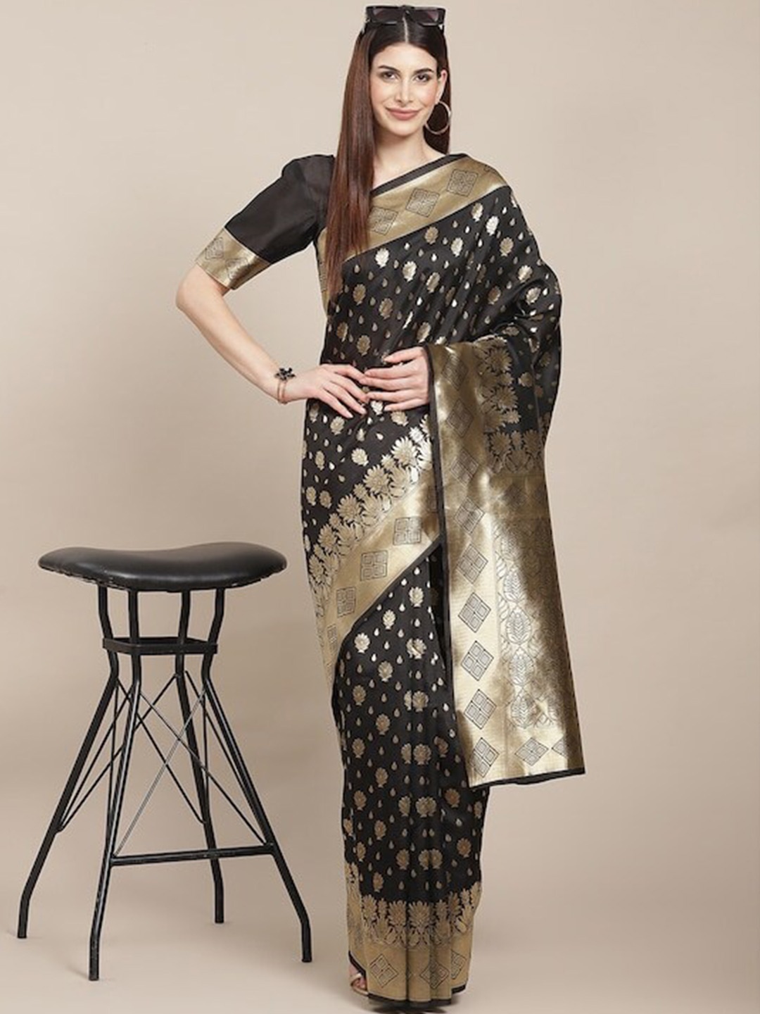 

AA-HA!! Ethnic Motifs Woven Design Zari Art Silk Banarasi Saree, Black