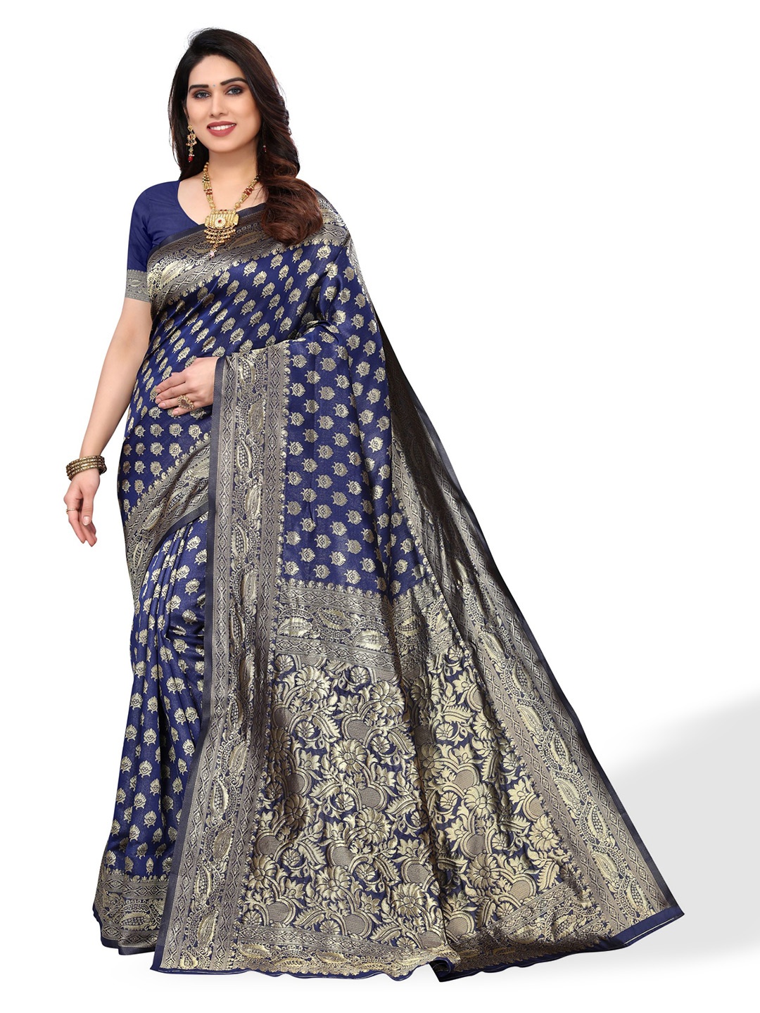 

AA-HA!! Ethnic Motifs Woven Design Zari Art Silk Banarasi Saree, Navy blue