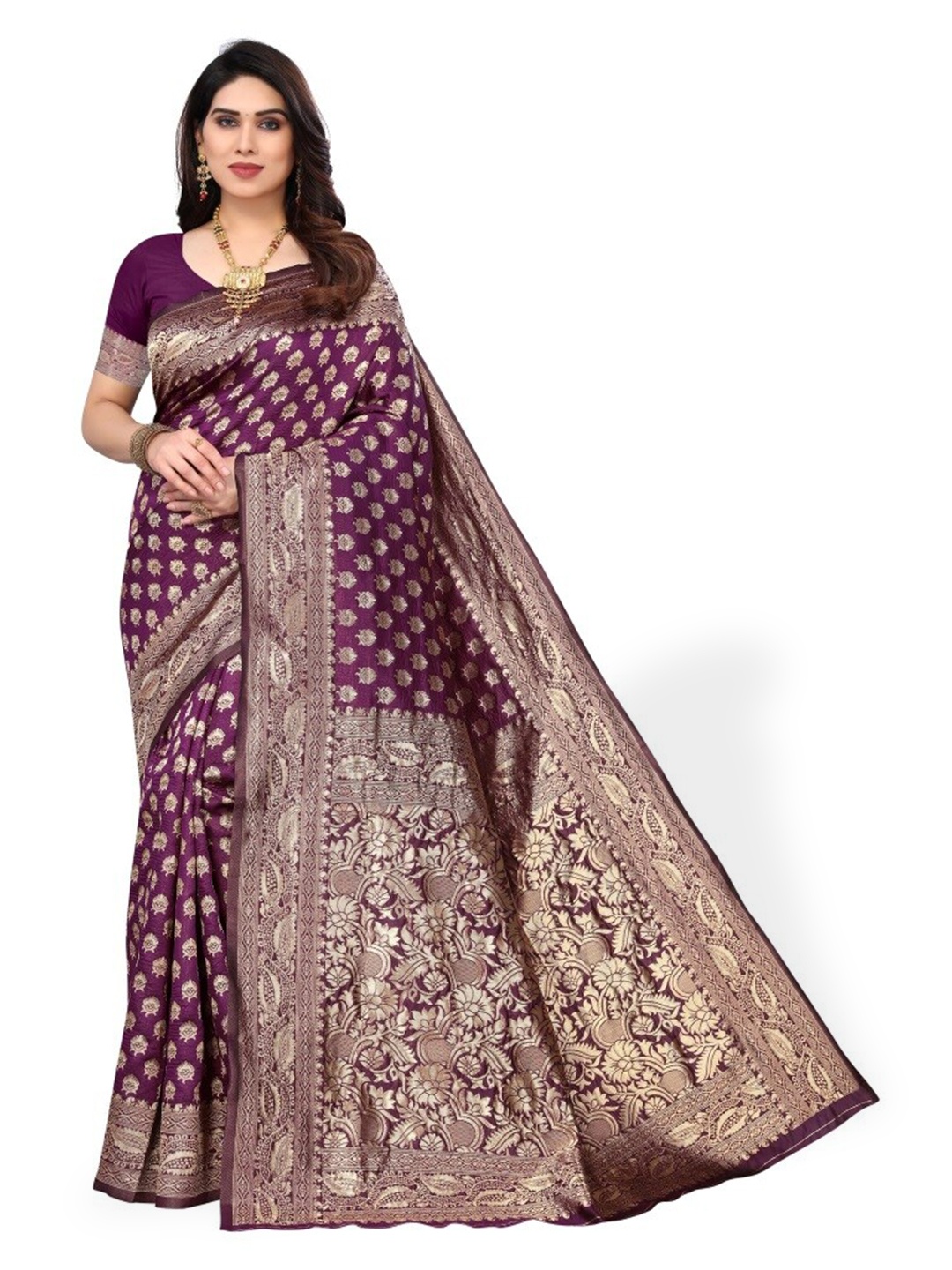 

AA-HA!! Ethnic Motifs Woven Design Zari Art Silk Banarasi Saree, Purple