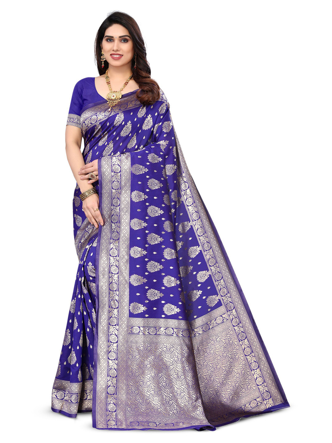 

AA-HA!! Ethnic Motifs Woven Design Zari Art Silk Banarasi Saree, Blue
