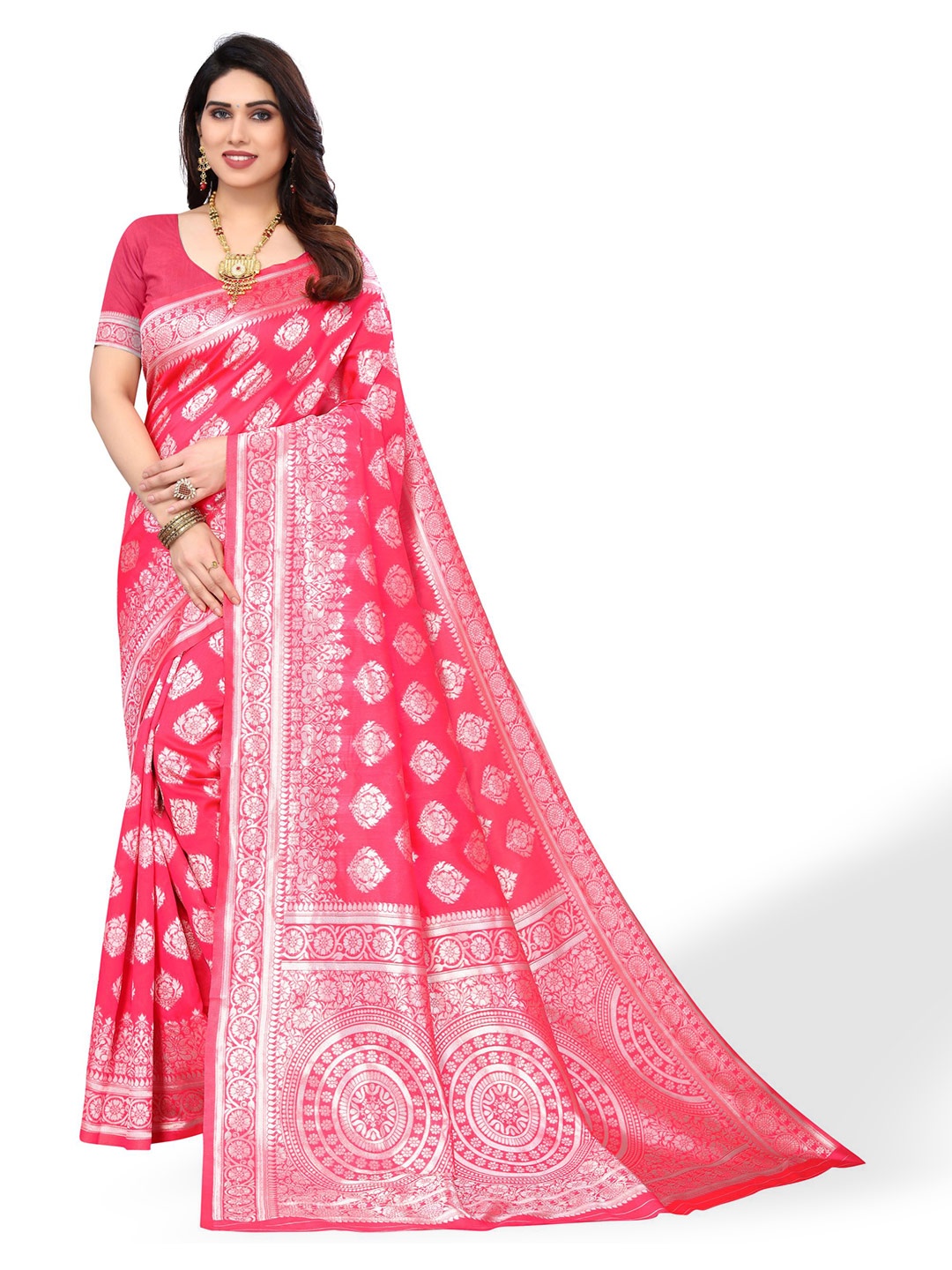 

AA-HA!! Ethnic Motifs Woven Design Zari Art Silk Banarasi Saree, Pink