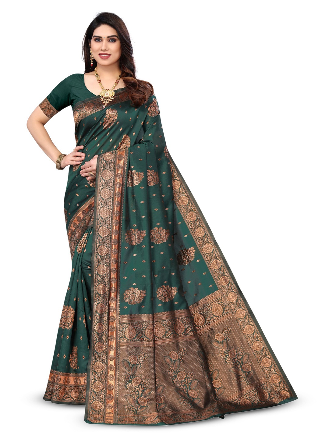

AA-HA!! Ethnic Motifs Woven Design Zari Art Silk Banarasi Saree, Green
