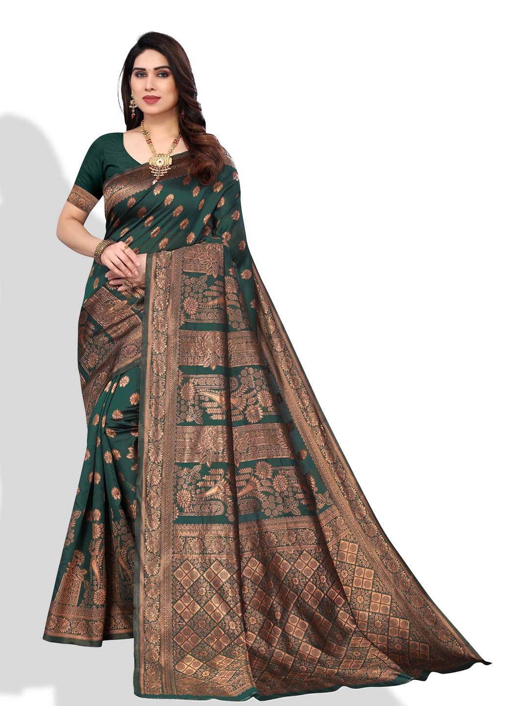 

AA-HA!! Ethnic Motifs Woven Design Zari Art Silk Banarasi Saree, Green