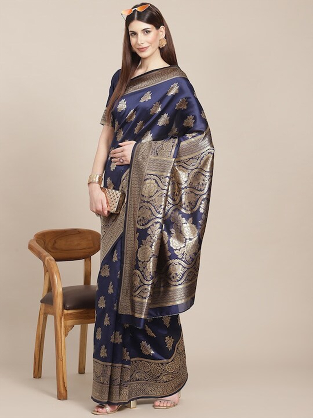 

AA-HA!! Ethnic Motifs Woven Design Zari Art Silk Banarasi Saree, Navy blue