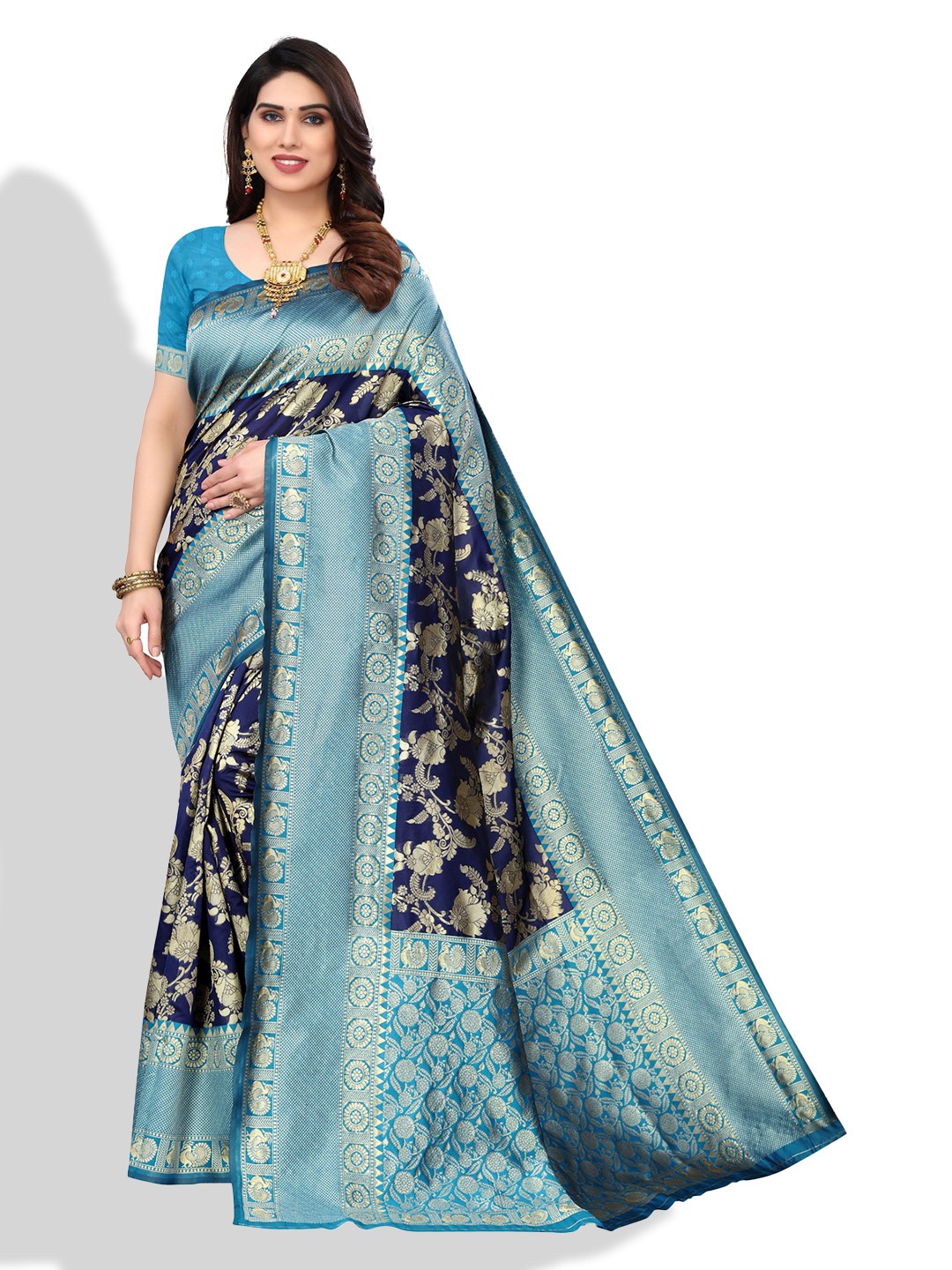 

AA-HA!! Floral Woven Design Zari Banarasi Saree, Navy blue