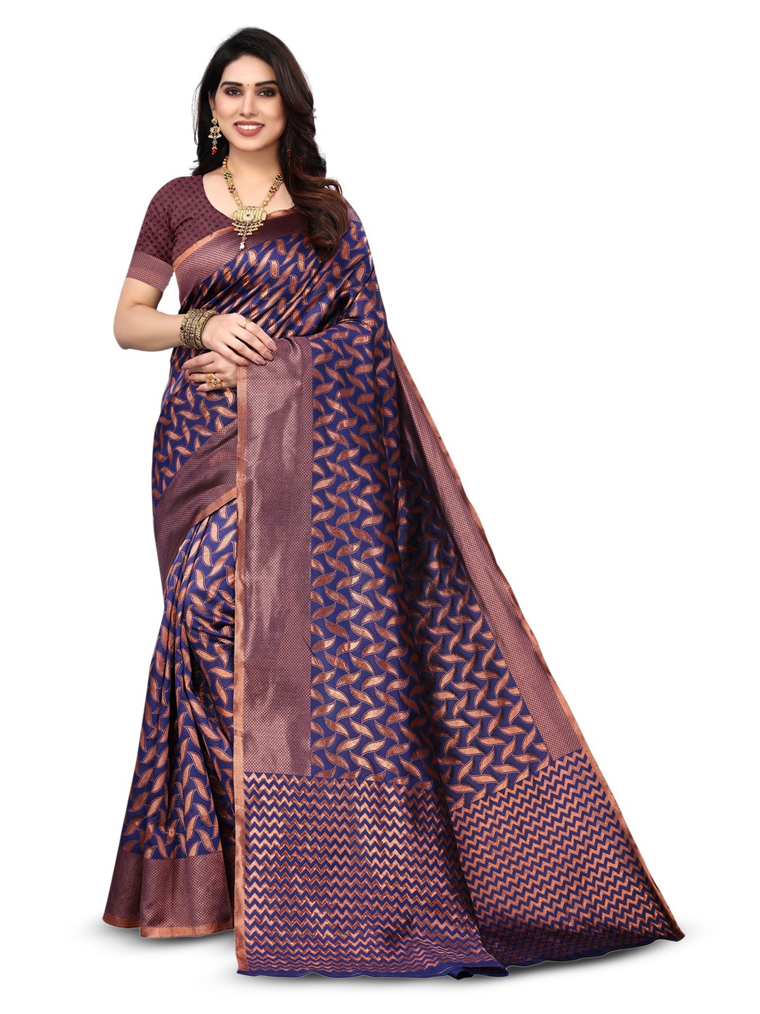 

AA-HA!! Ethnic Motifs Woven Design Zari Art Silk Banarasi Saree, Navy blue