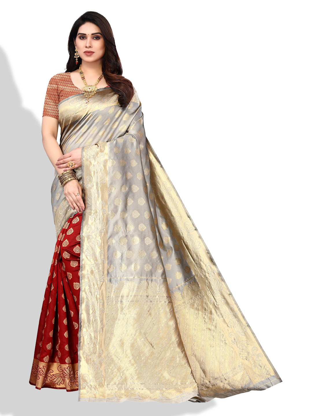 

AA-HA!! Ethinic Woven Design Zari Banarasi Half & Half Saree, Red