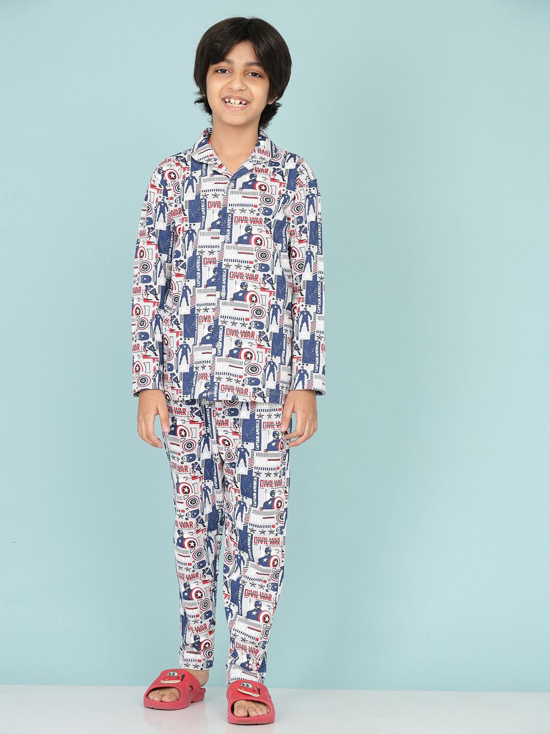 

SmartRAHO Boys Printed Captain America Pure Cotton Shirt with Pyjamas, White
