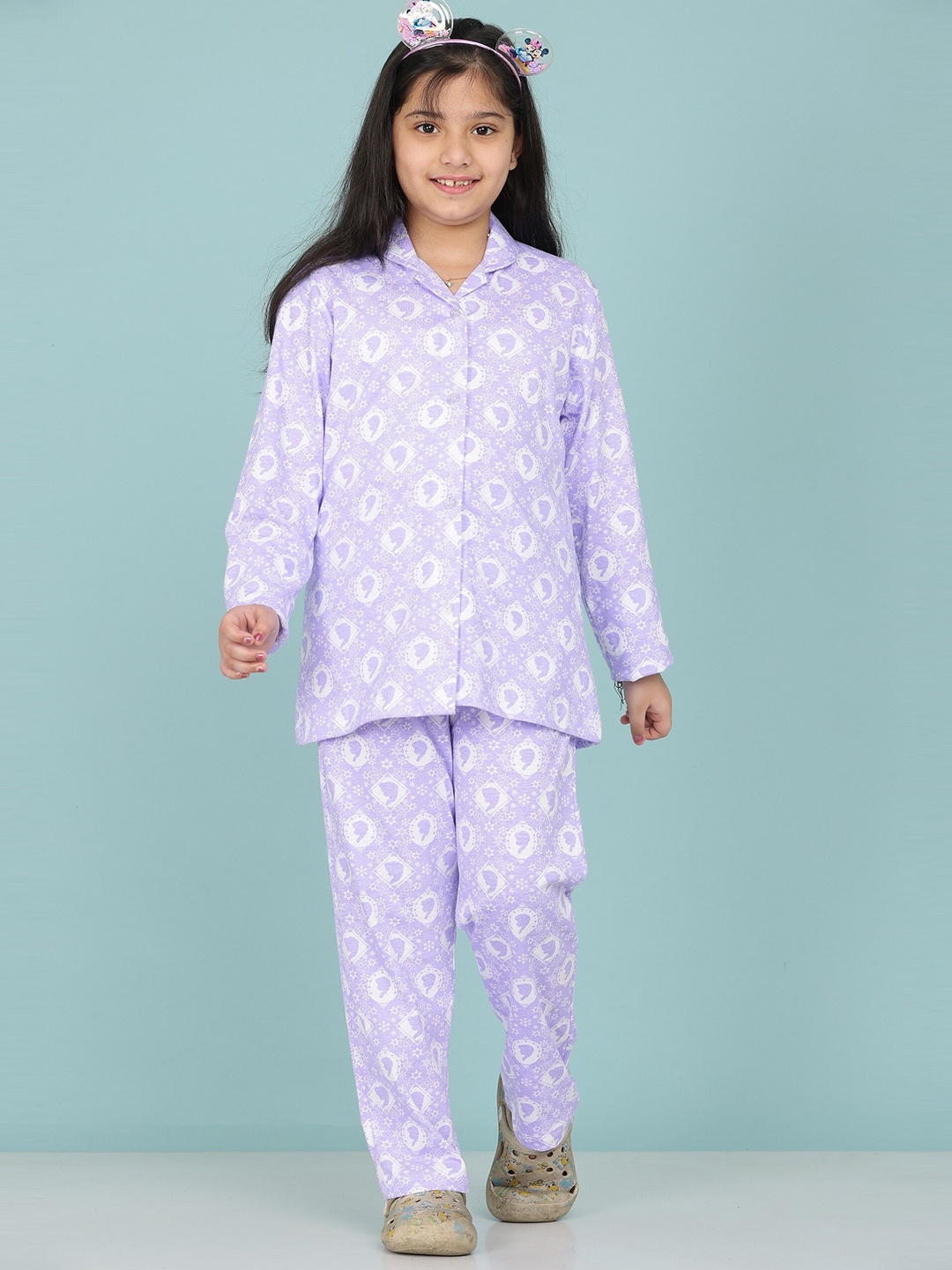 

SmartRAHO Girls Ethnic Motifs Printed Pure Cotton Night Suit, Purple