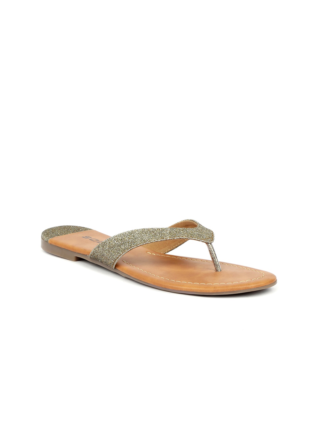 

SOLES Textured T-Strap Flats, Gold