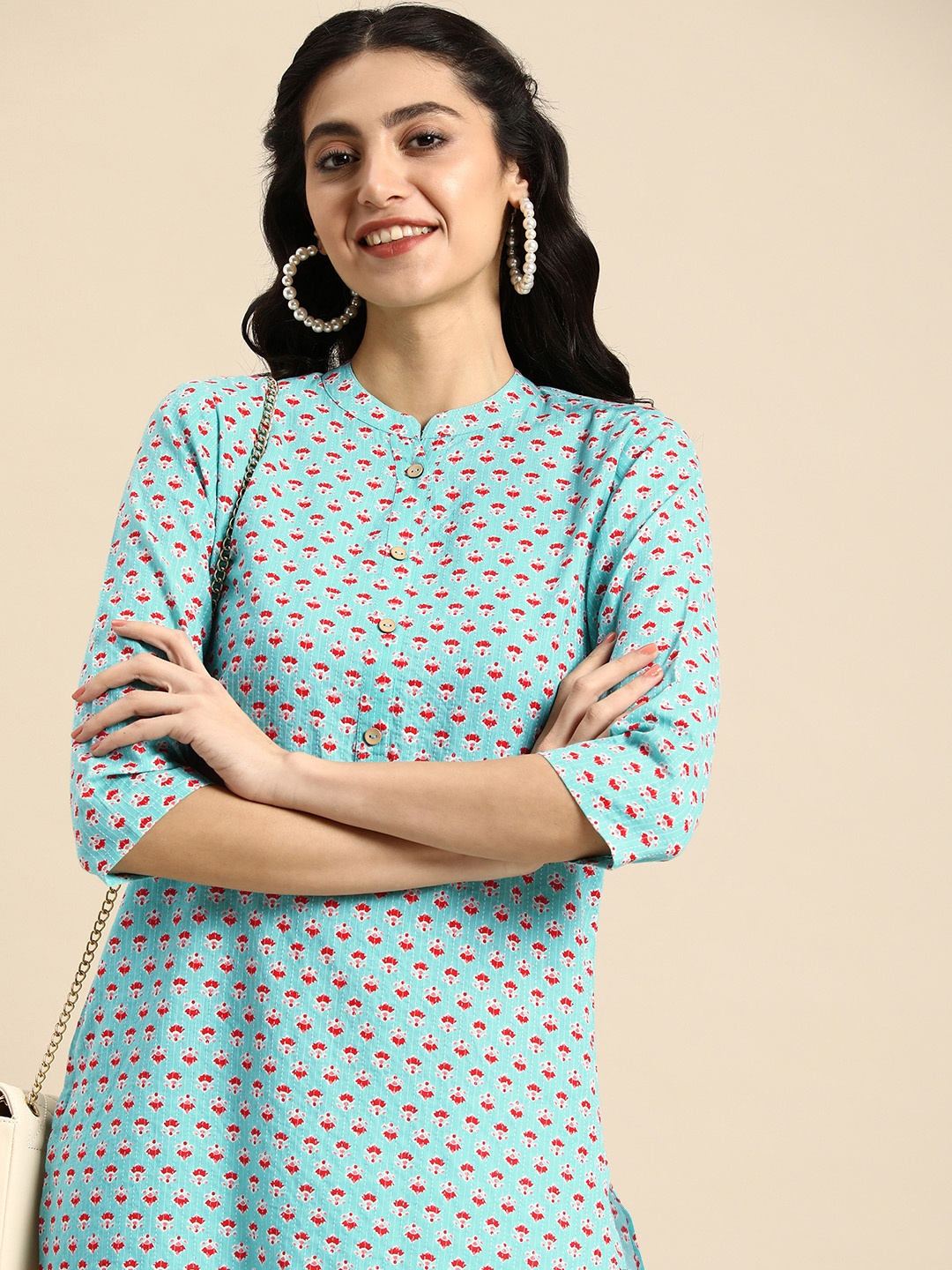 

Anouk Ethnic Motifs Printed Kantha Work Pure Cotton Kurta, Turquoise blue