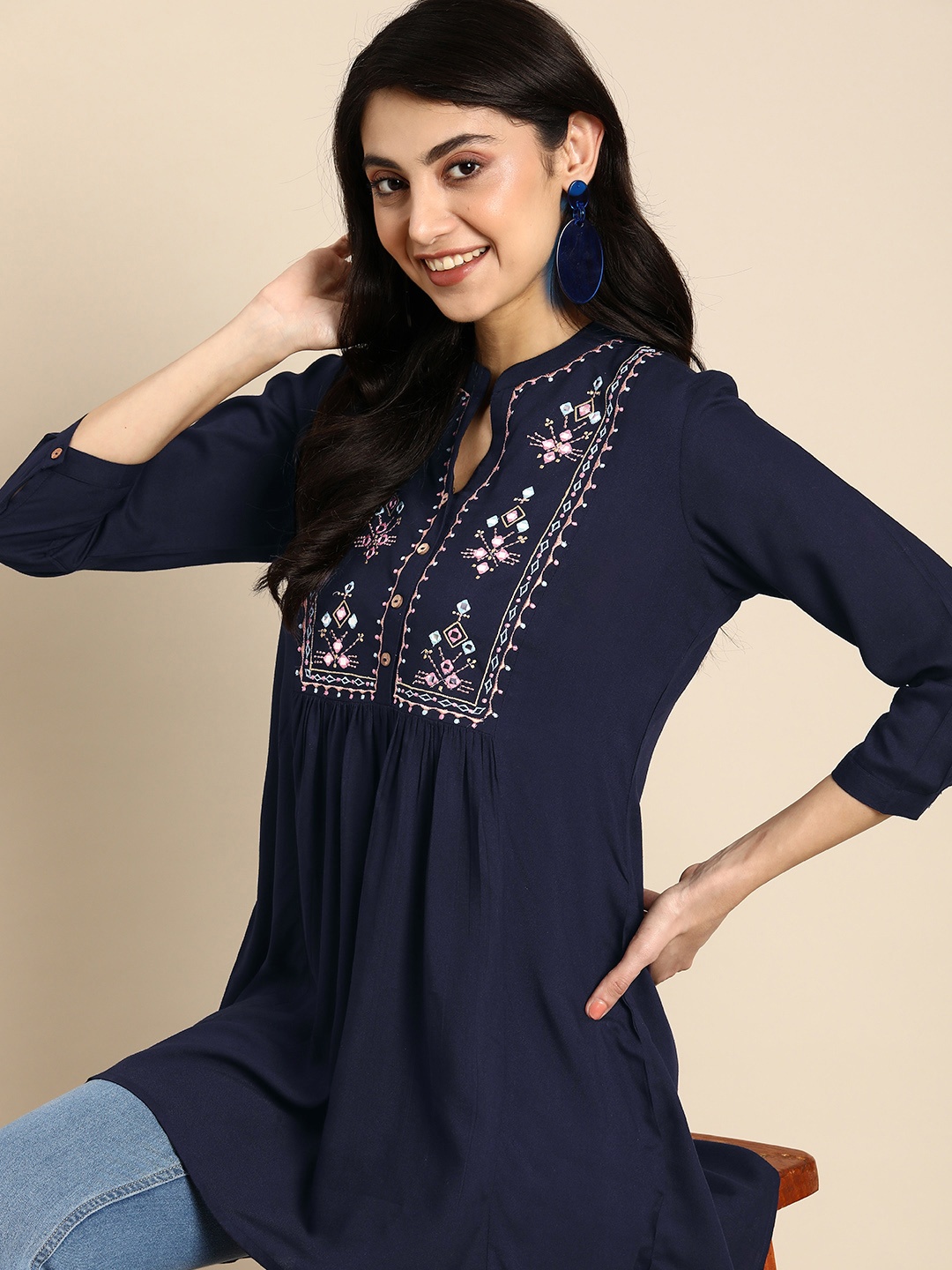 

Anouk Ethnic Motifs Embroidered Mirror Work Pleated Kurti, Navy blue