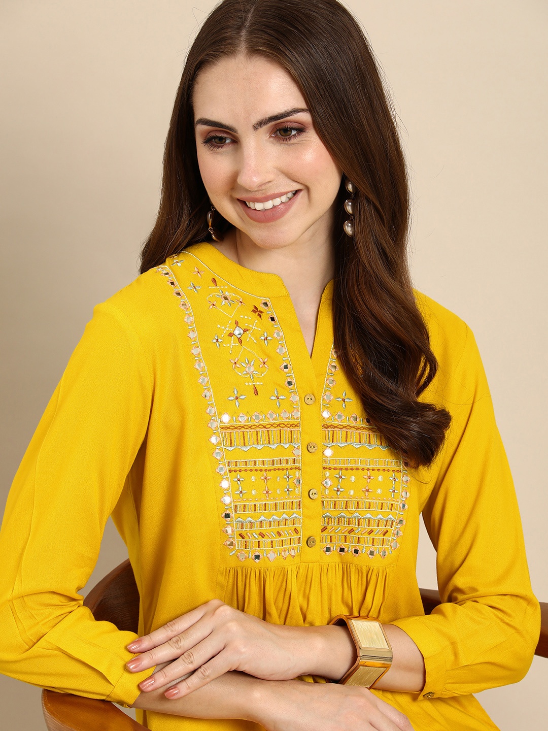 Anouk Floral Embroidered Mirror Work Pleated Short Kurti, Mustard