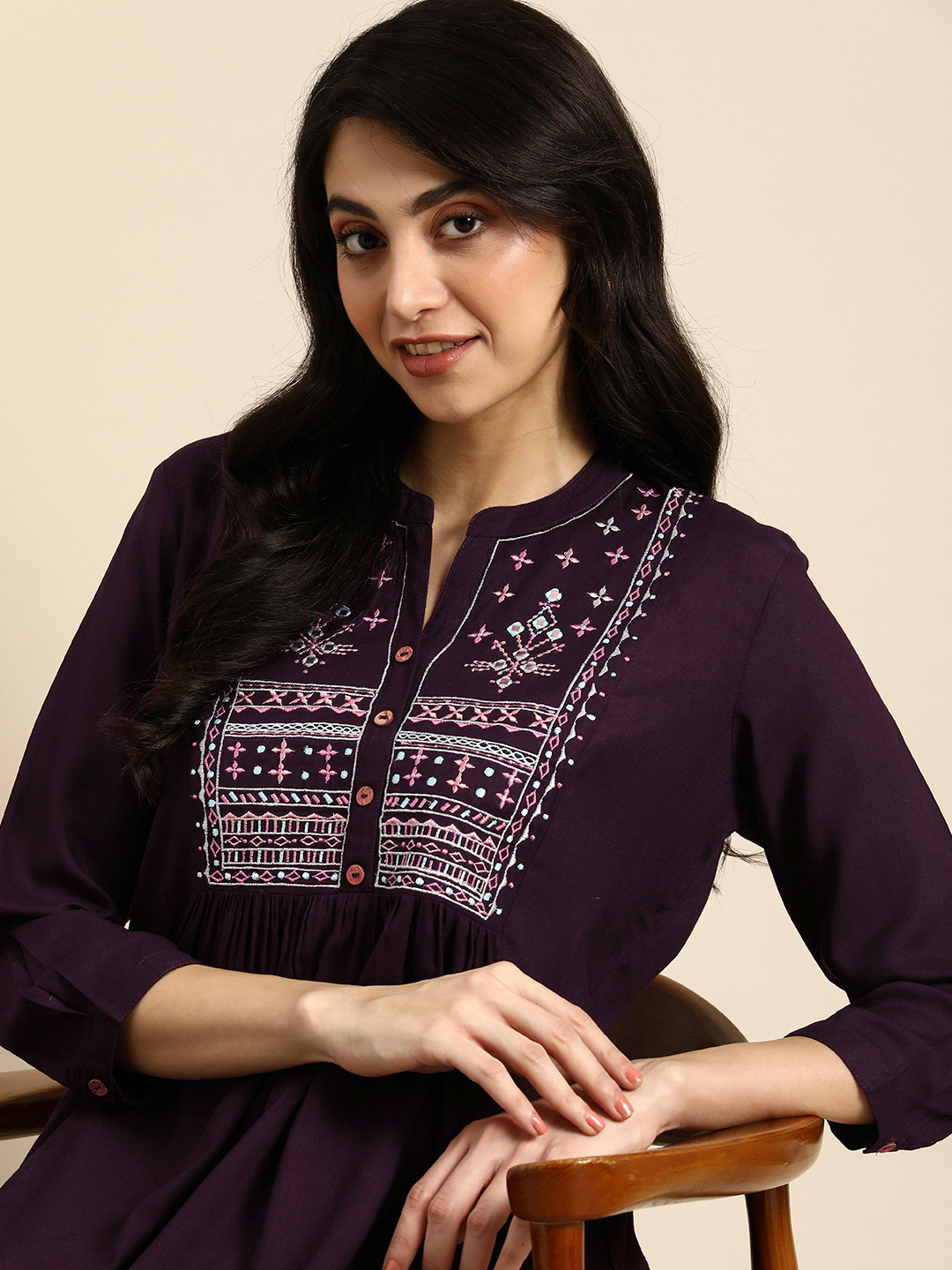 

Anouk Ethnic Motifs Embroidered Mirror Work Pleated Kurti, Burgundy