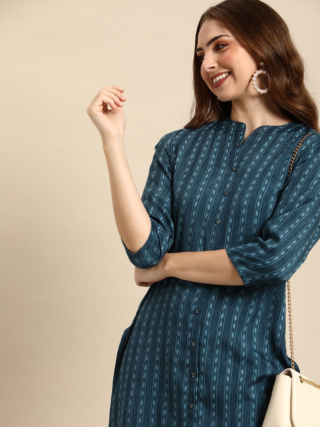 

Anouk Striped Kurta, Navy blue