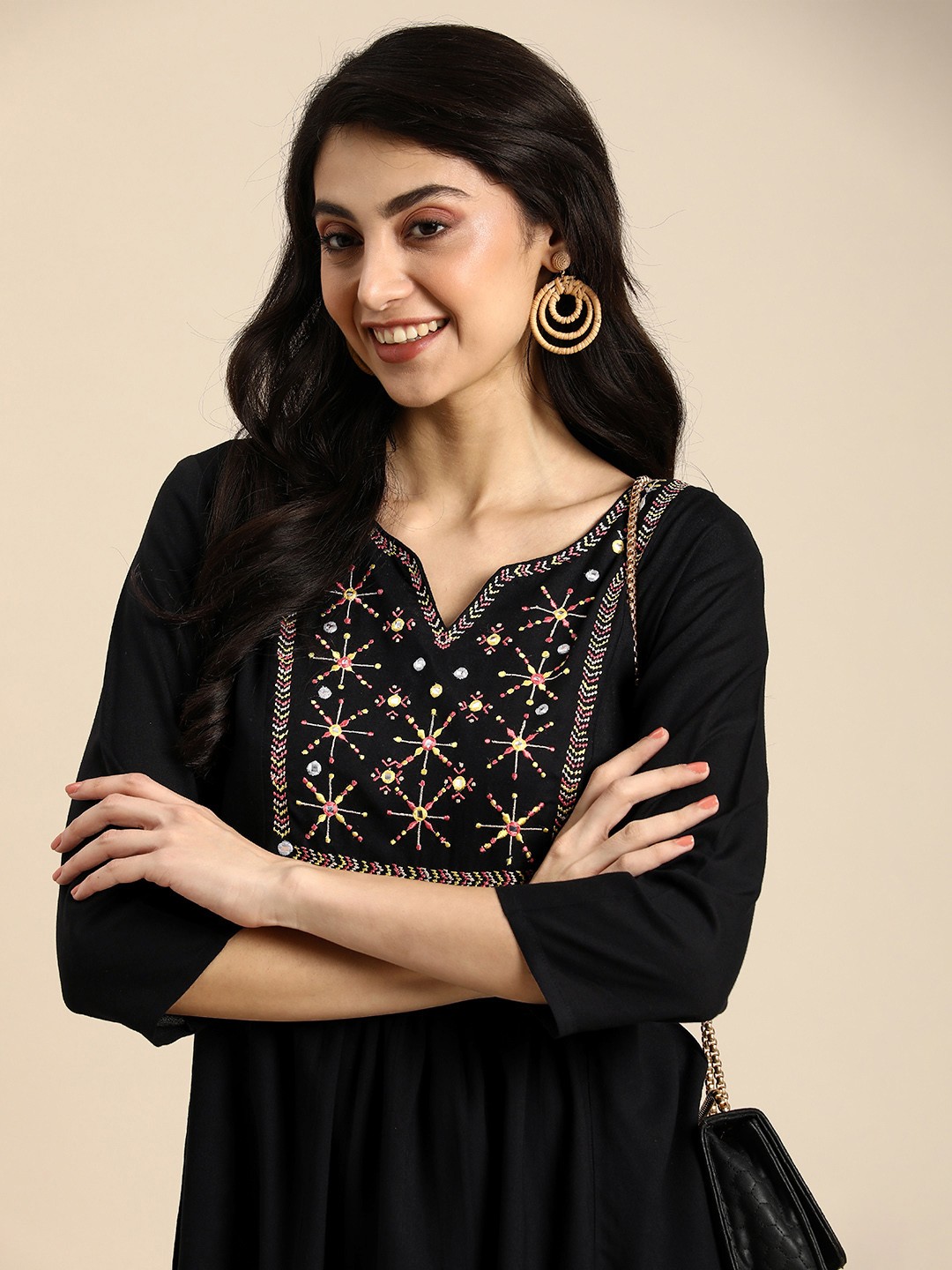 

Anouk Ethnic Motifs Embroidered Mirror Work Pleated Kurti, Black