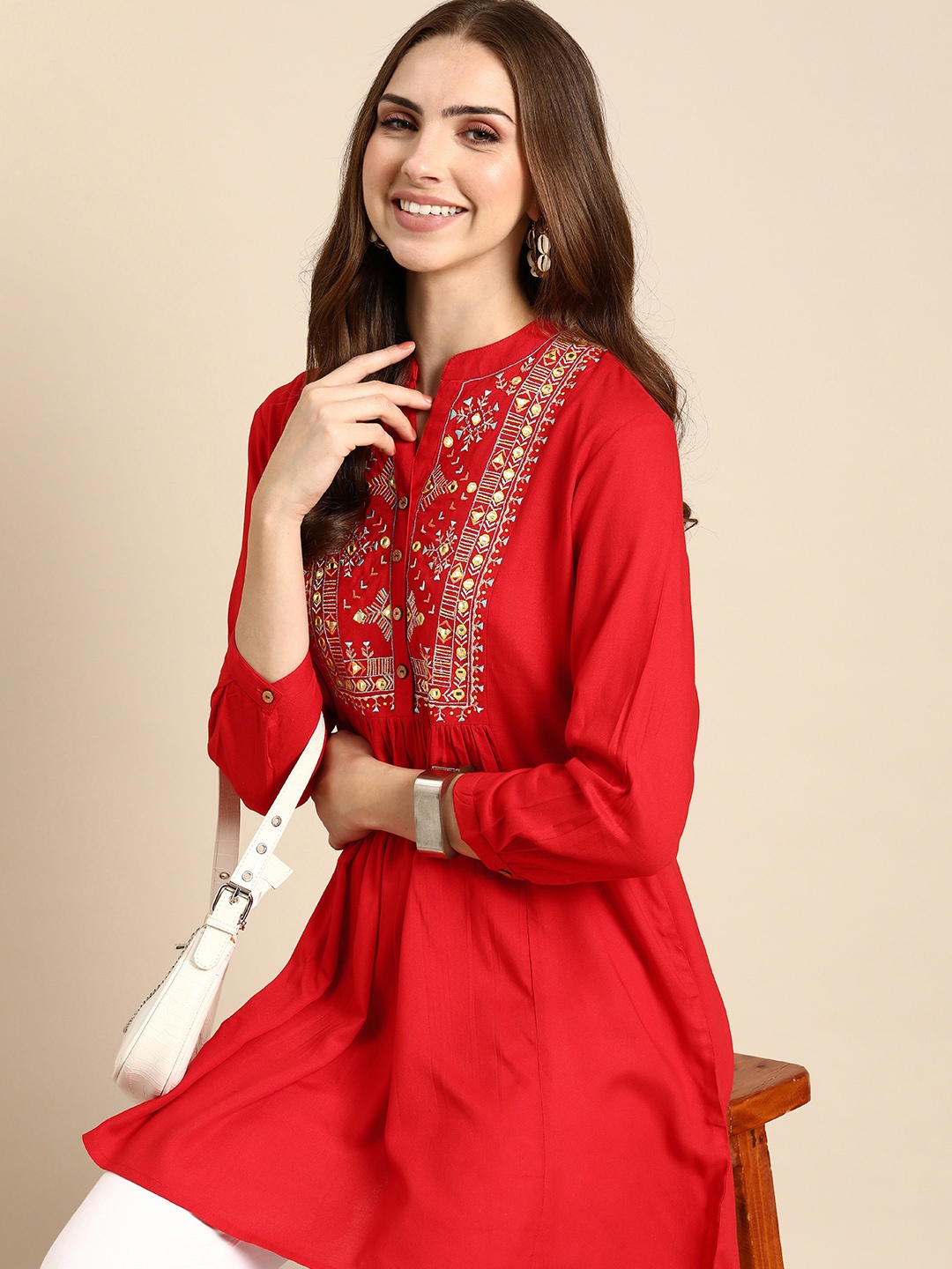 

Anouk Ethnic Motifs Embroidered Mirror Work Pleated Kurti, Red