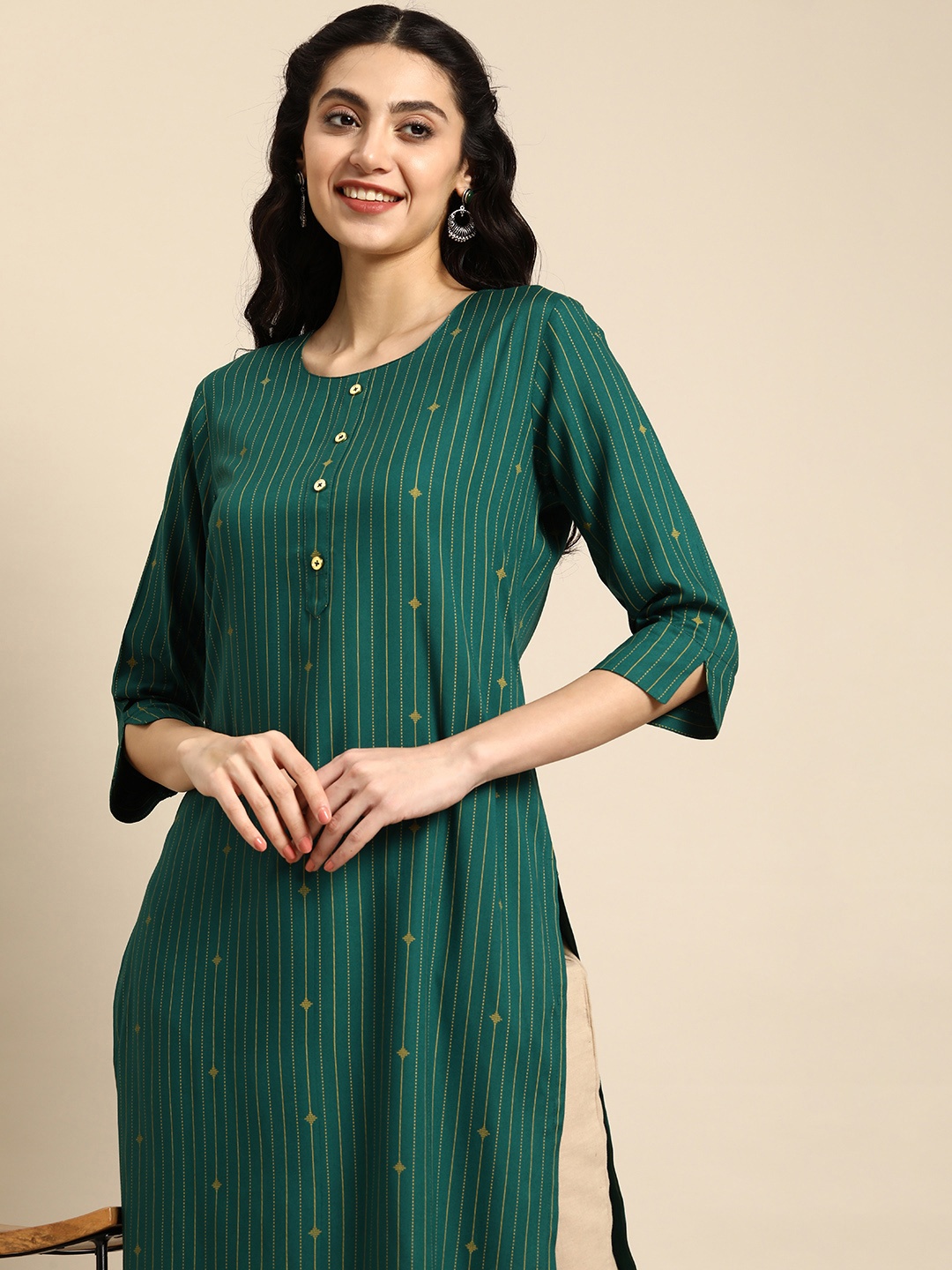 

Anouk Striped Printed Kurta, Green