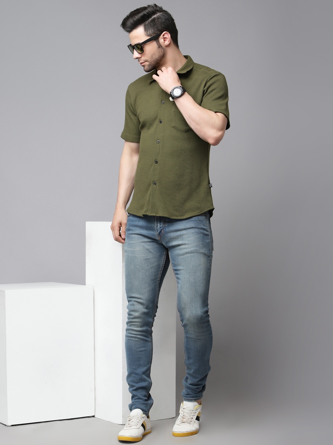 

Rigo Men Waffle Textured Cotton Knitted Slim Fit Casual Shirt, Olive