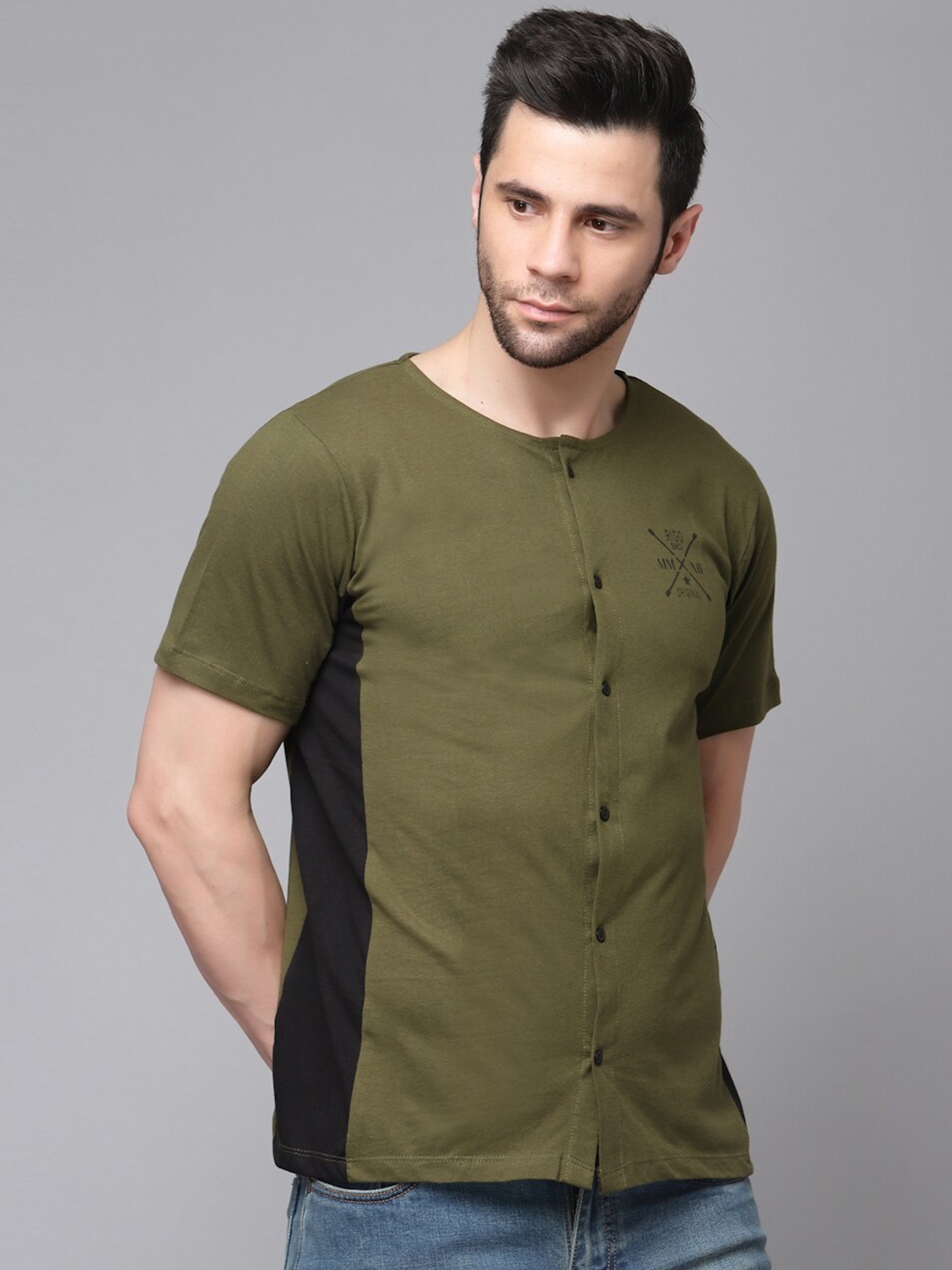 

Rigo India Slim Fit Color Blocked Casual Shirt, Olive