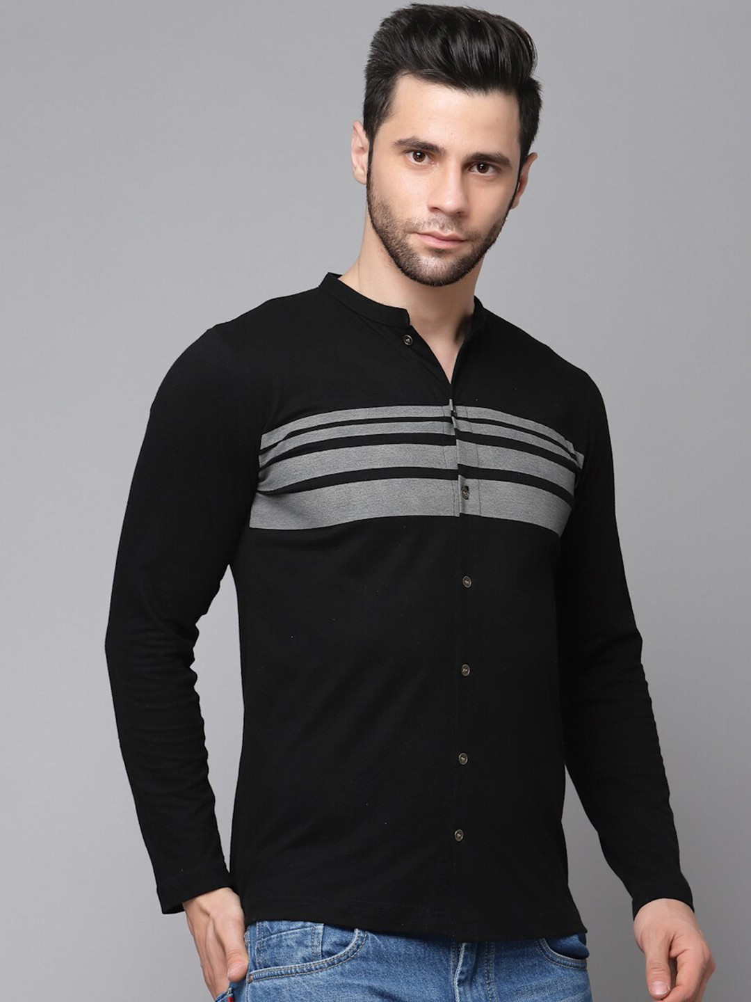 

Rigo India Slim Fit Horizontal Striped Mandarin Collar Cotton Shirt, Black