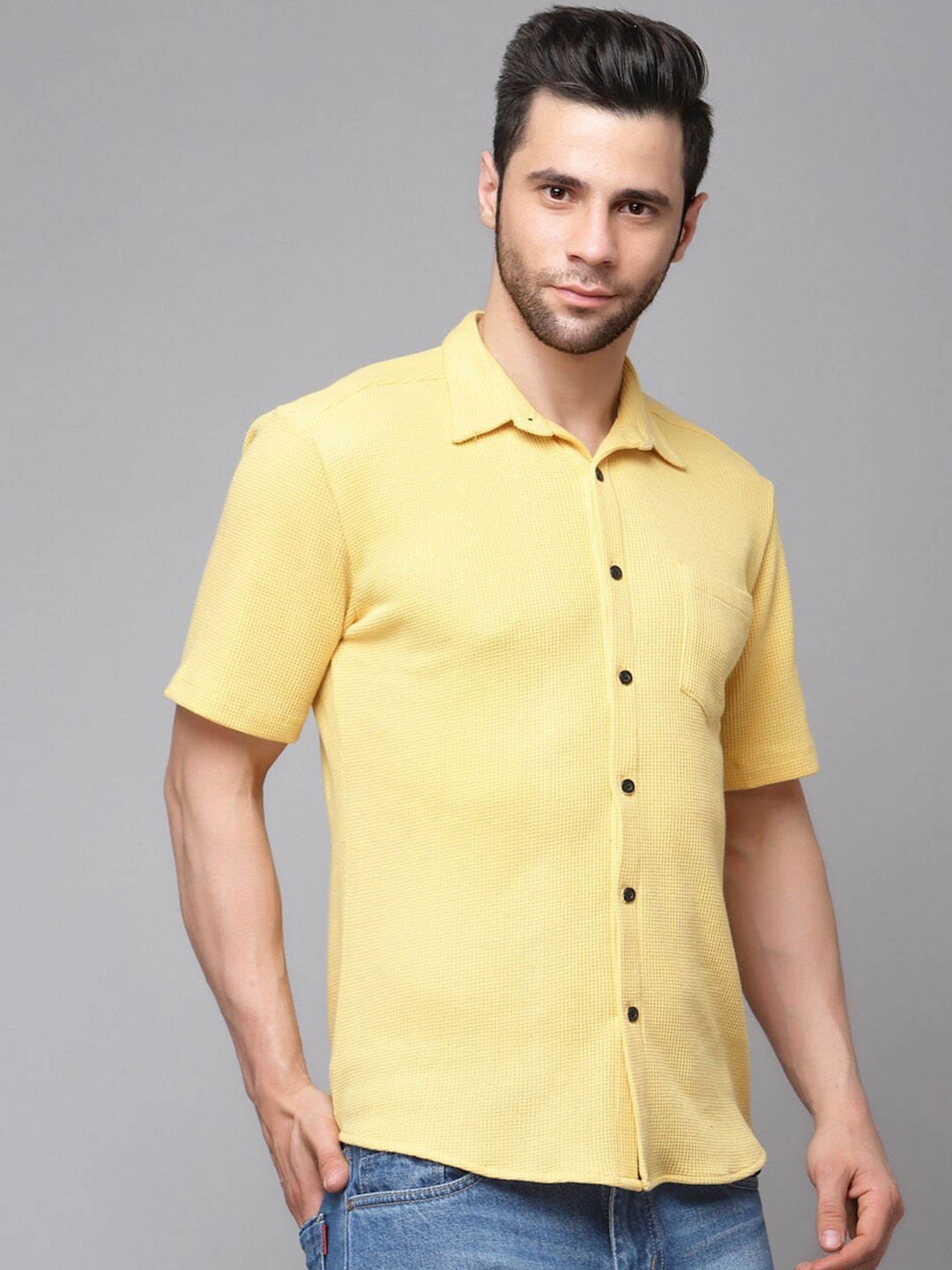 

Rigo Men Slim Fit Waffle Textured Cotton Knit Casual Shirt, Yellow