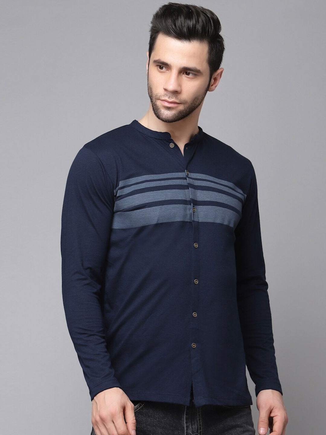 

Rigo India Slim Fit Horizontal Striped Mandarin Collar Cotton Shirt, Blue