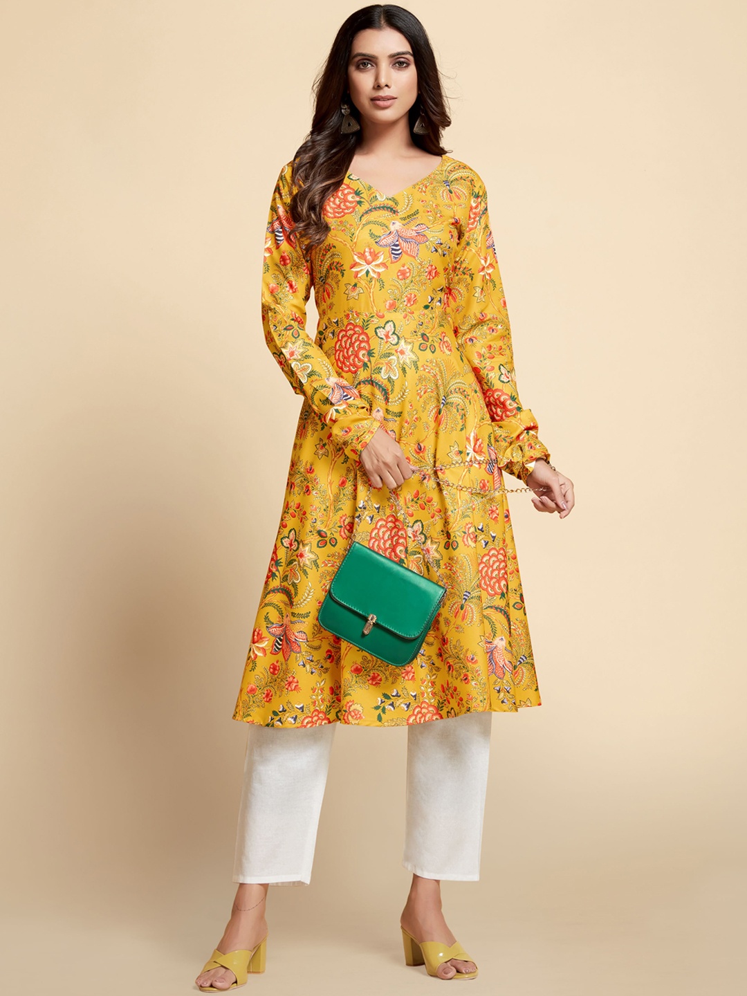 

Sangria V-Neck Floral Printed Anarkali Kurta With Trousers, Mustard