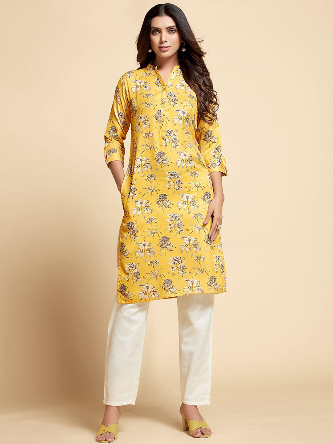 

Sangria Mandarin Collar Floral Printed Straight Kurta With Trousers, Yellow