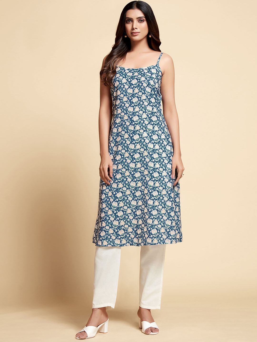 

Sangria Sleeveless Floral Printed A-line Kurta With Trousers, Blue