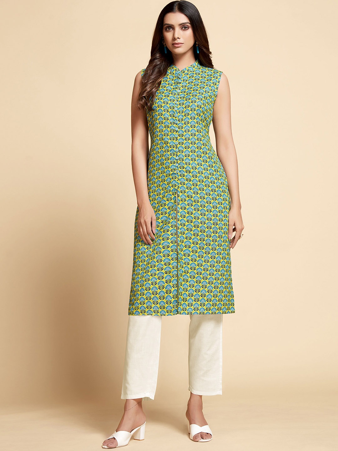 

Sangria Floral Printed Band Collar A-Line Kurta With Trousers, Lime green