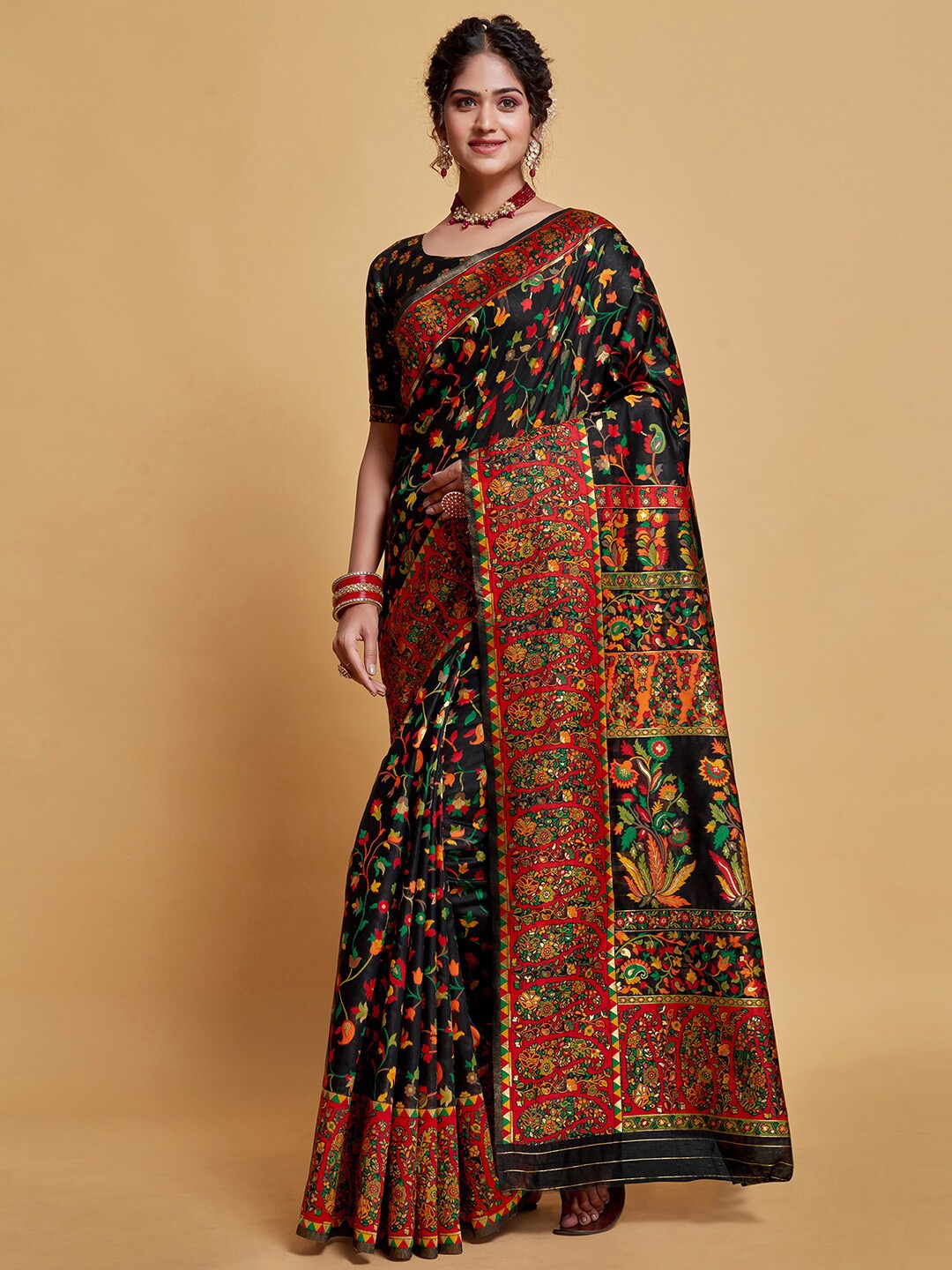 

Satrani Floral Woven Design Saree, Black