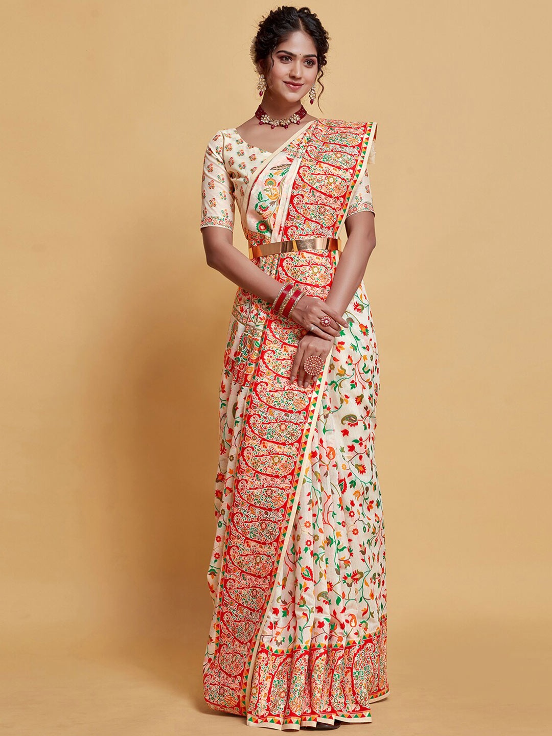 

Satrani Ethnic Motif Printed Poly Cotton Saree, Cream