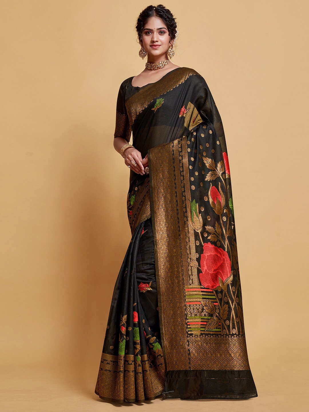 

Satrani Floral Woven Design Zari Saree, Black