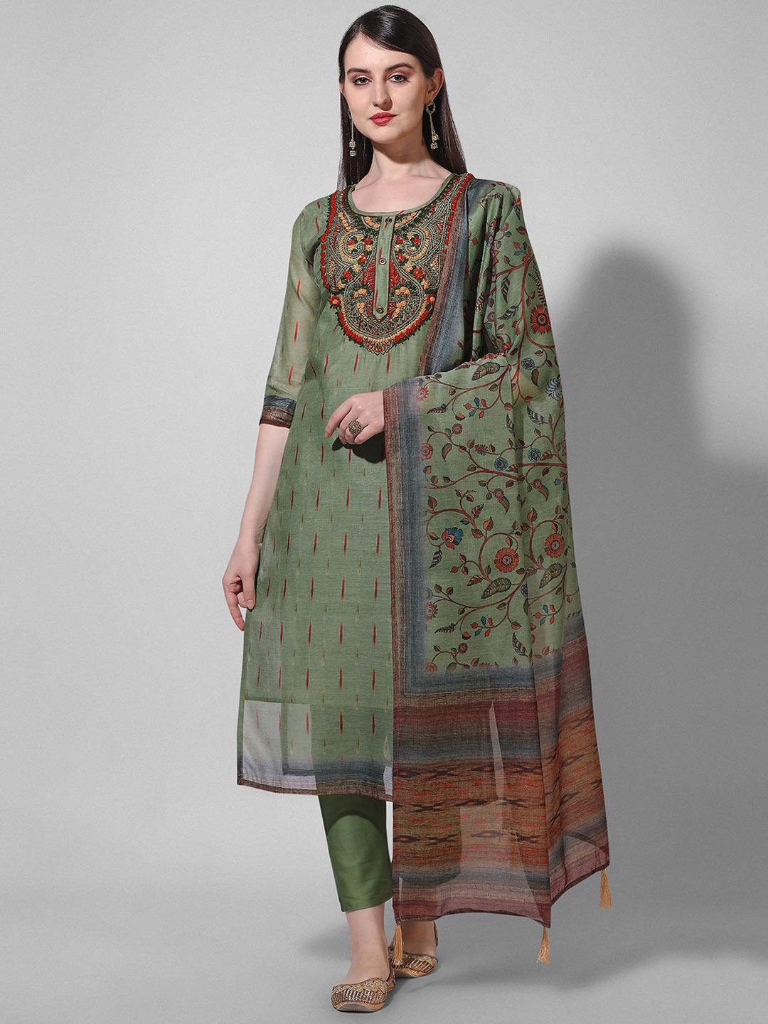 

Berrylicious Embroidered Regular Thread Work Chanderi Cotton Kurta With Trousers & Dupatta, Green