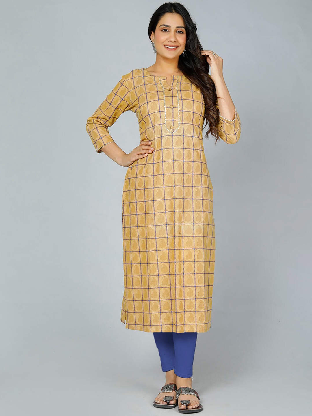 

Jevi Prints Notched Neck Paisley Printed Pure Cotton Straight Kurta, Mustard