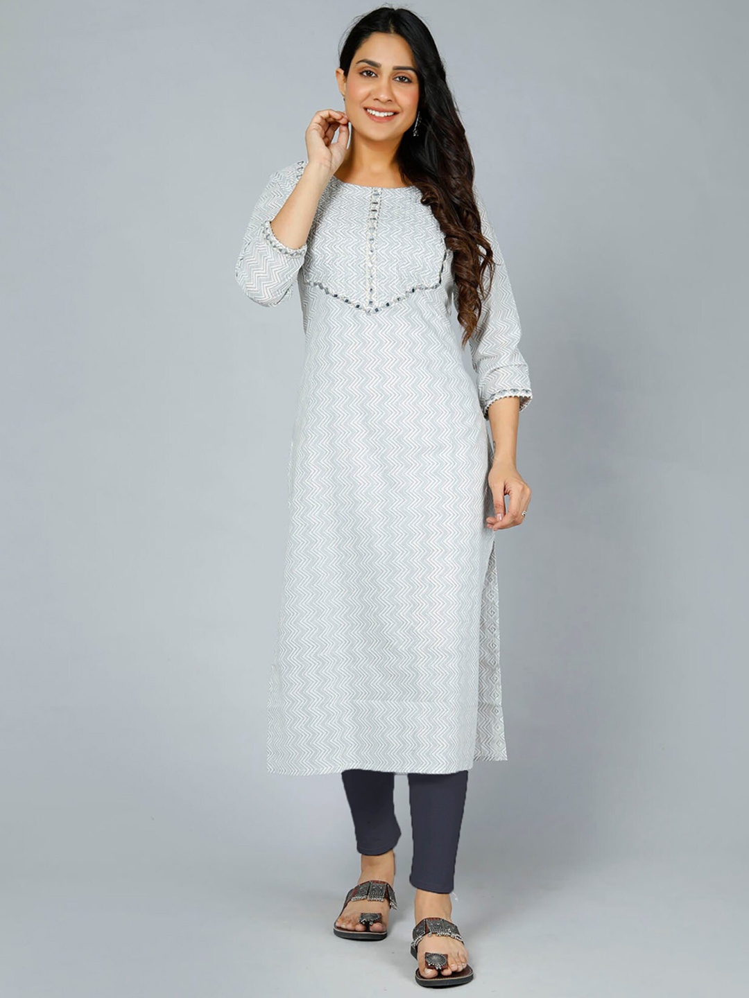 

Jevi Prints Chevron Printed Mirror Work Straight Cotton Kurta, Grey