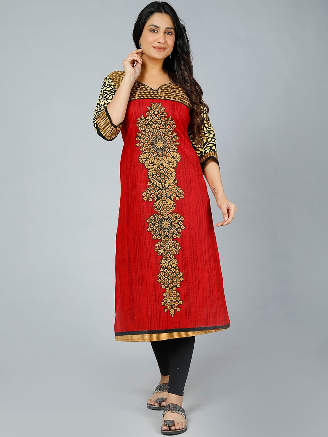 

Jevi Prints Ethnic Motifs Printed Cotton Straight Kurta, Red