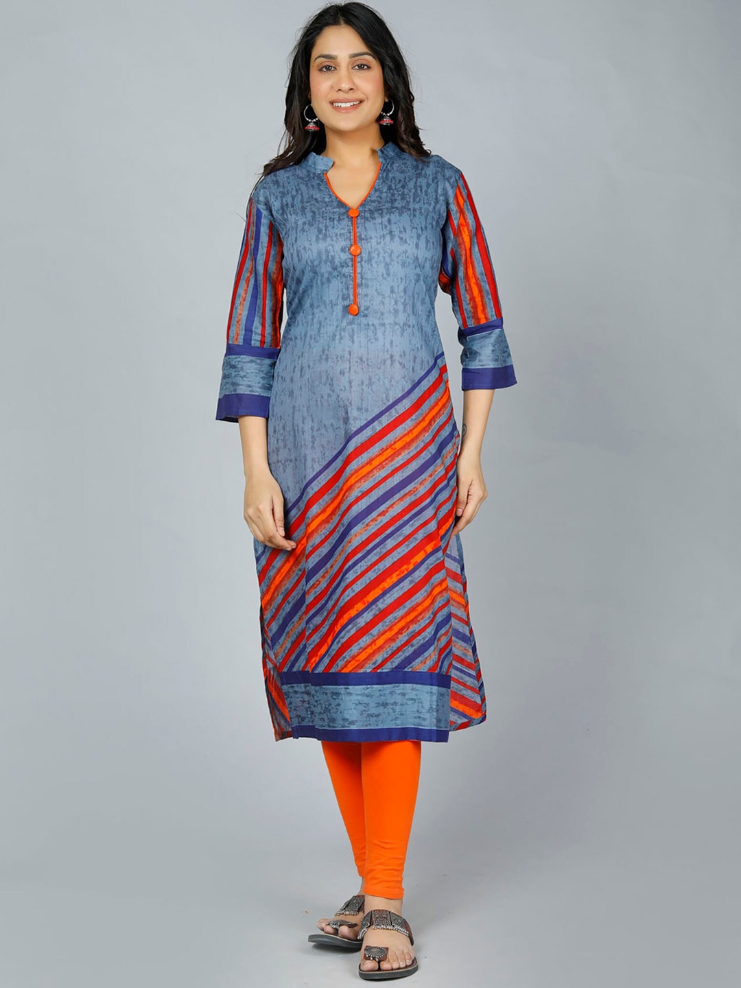 

Jevi Prints Mandarin Collar Striped Straight Cotton Kurta, Blue