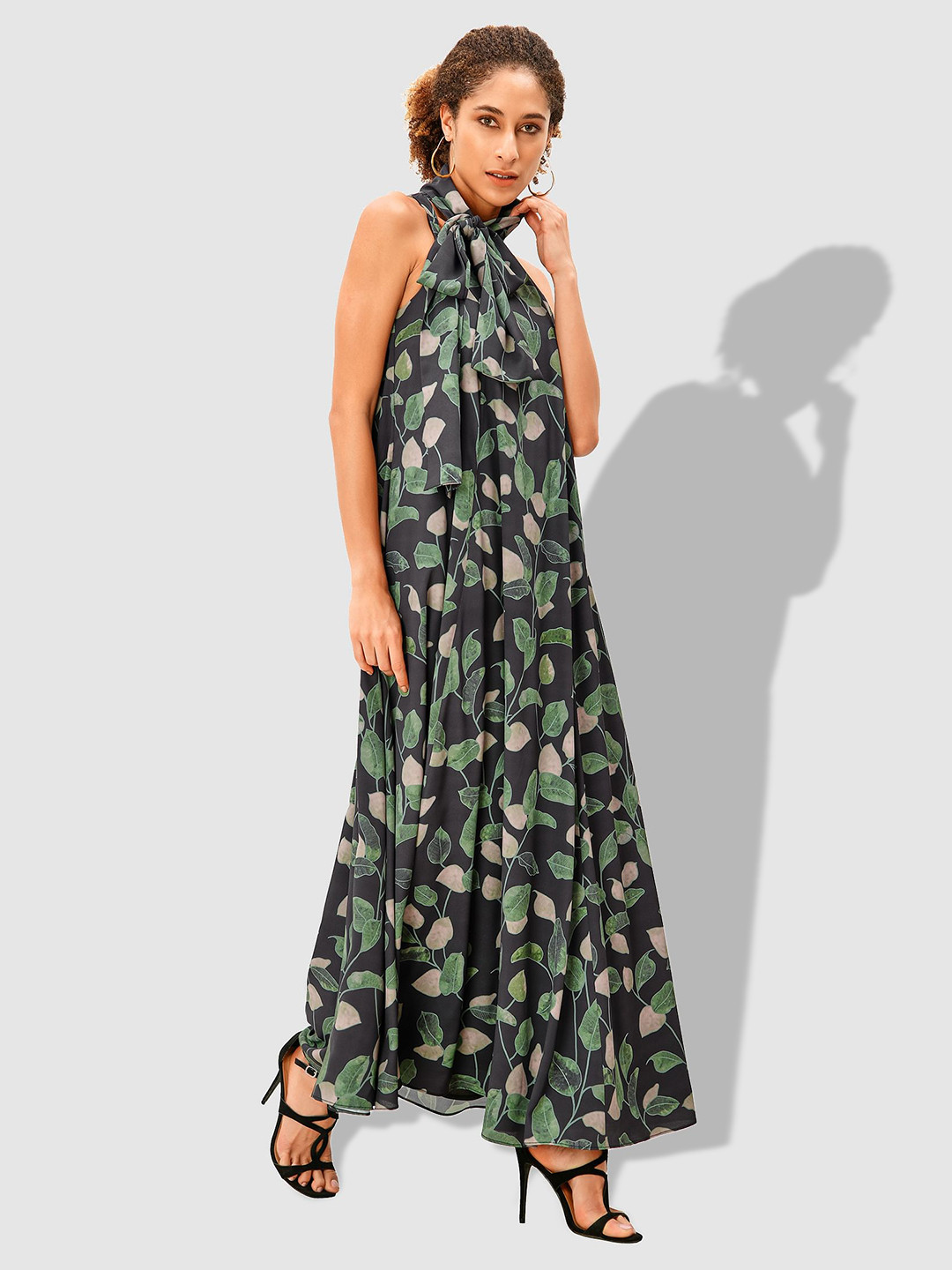 

Zapelle Tie Up Neck Floral Printed Crepe Maxi Dress, Grey