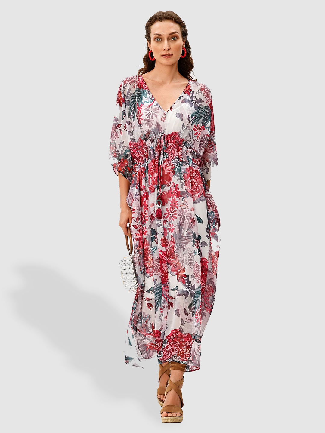 

Zapelle V-Neck Floral Printed Tie Up Georgette Kaftan Maxi Dress, White