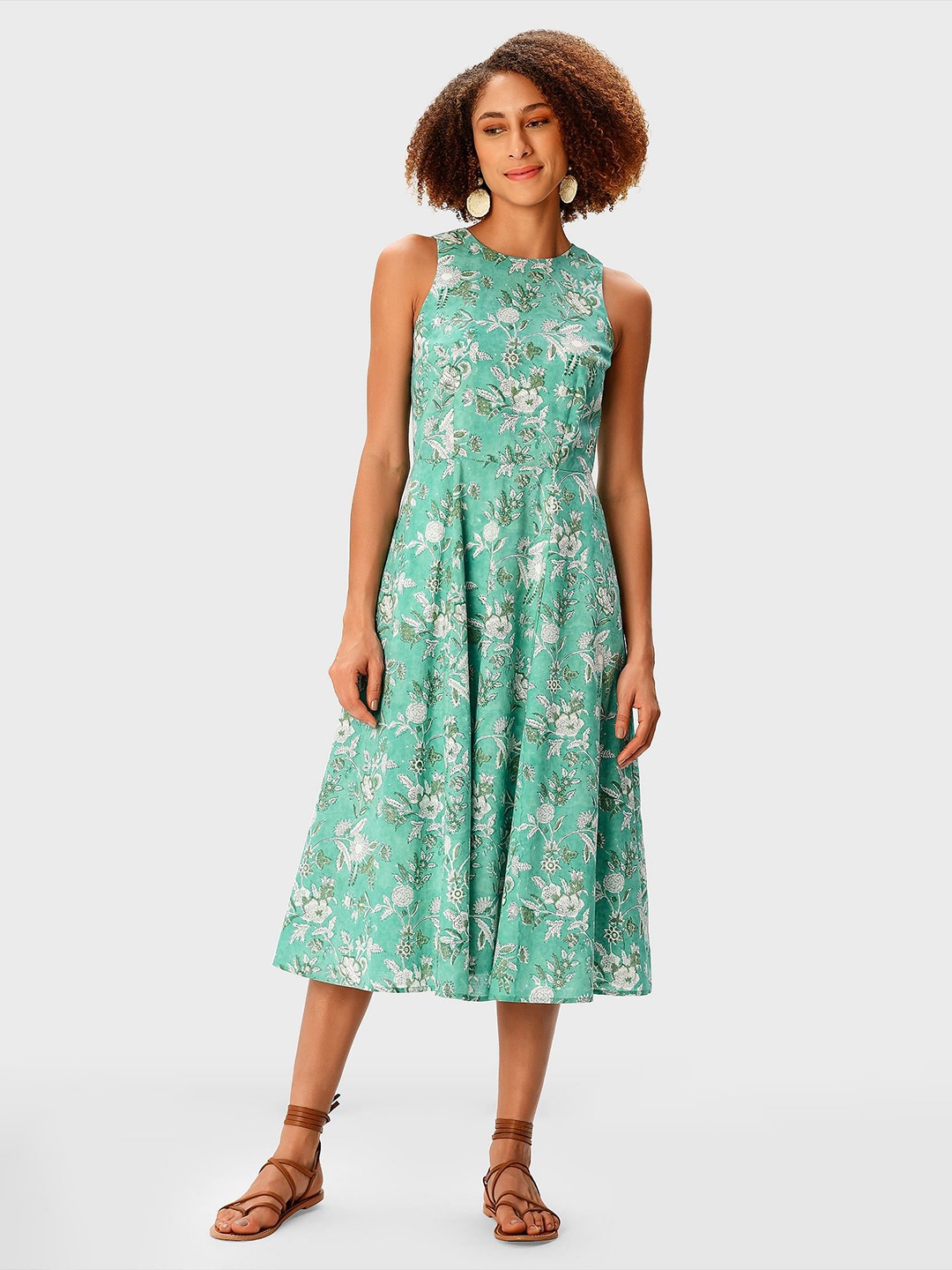 

Zapelle Round Neck Floral Printed Cotton A-Line Dress, Green